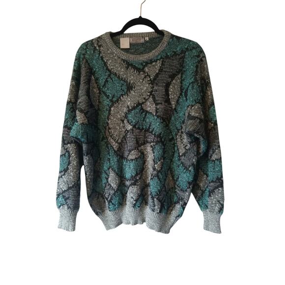 Vintage Bugatchi Sweater Mens M Crew Neck Pullover 90s 80s Print Teal Grey - Picture 1 of 7